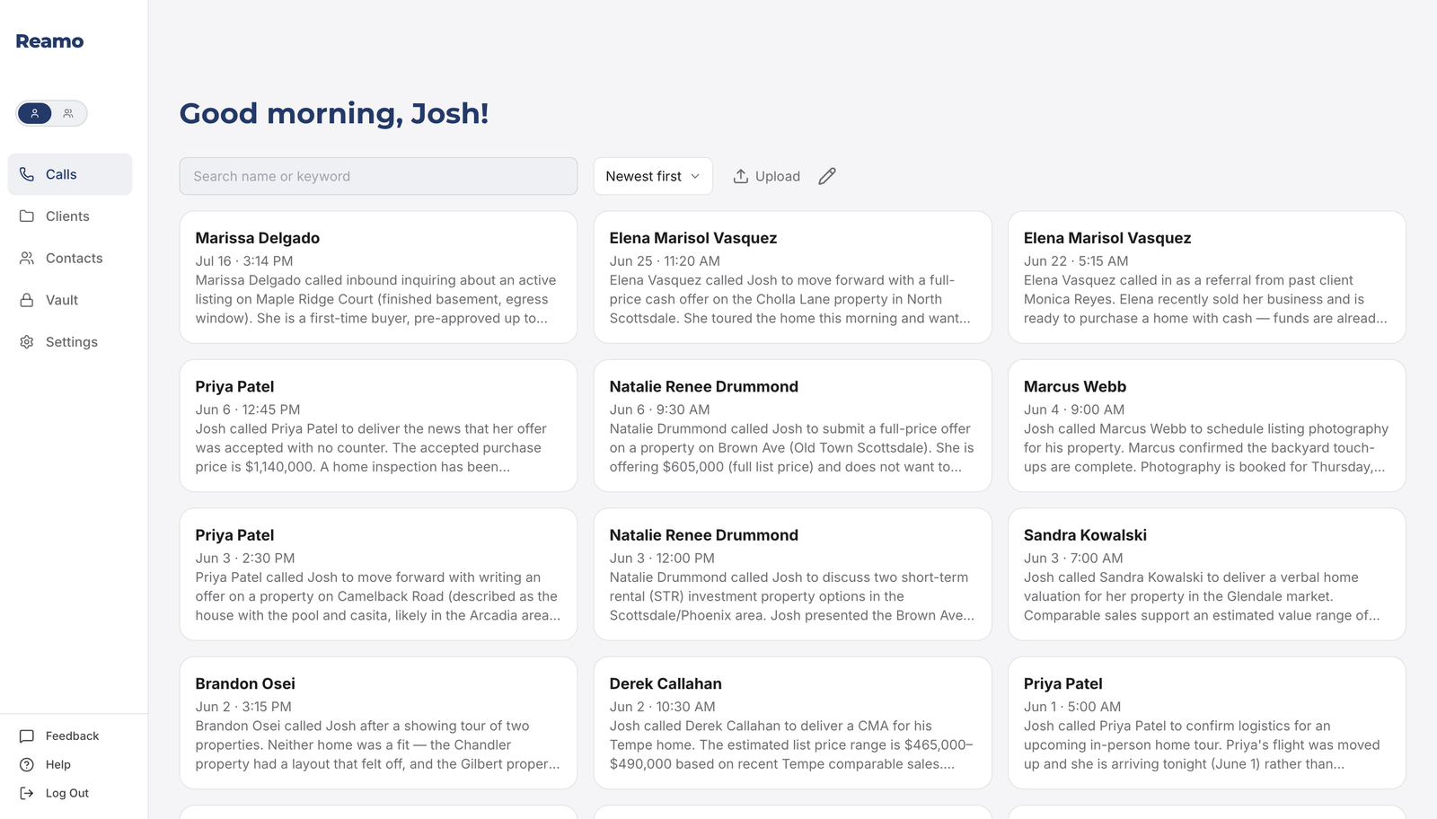 Reamo dashboard showing recent client calls and conversation summaries